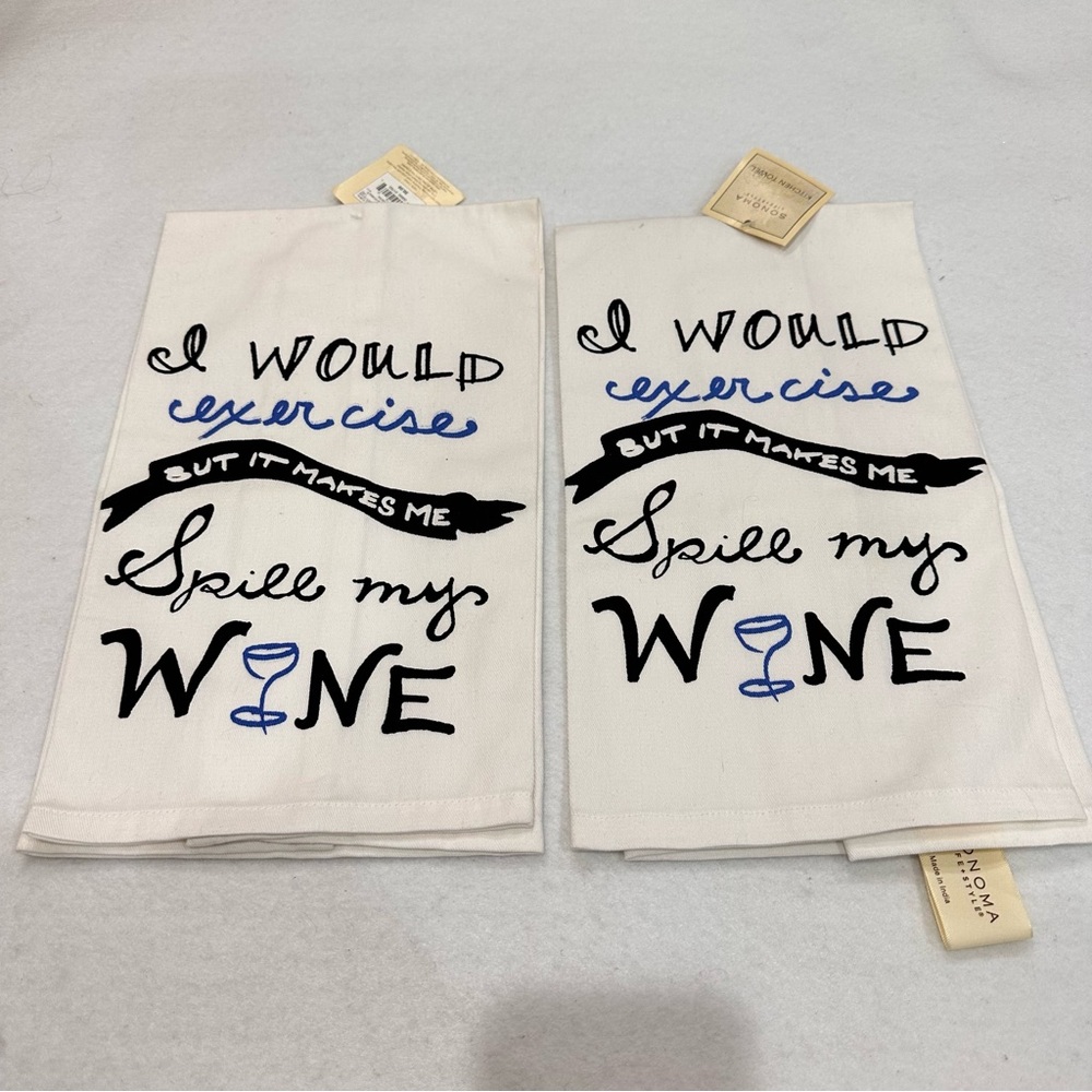 Funny Kitchen Towels - White with Black and Blue Text